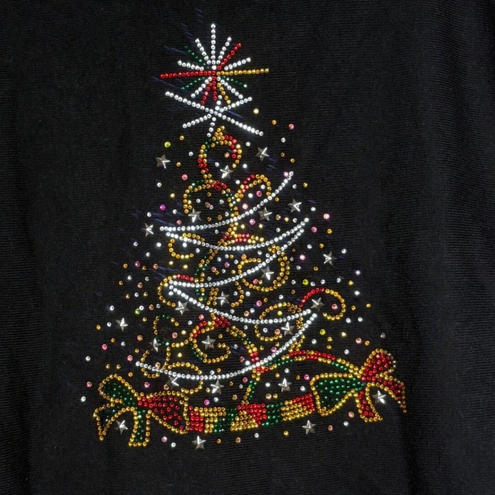 LIV Milano Womens Black Christmas Tree Rhinestone Embellished Dolman Sweater L